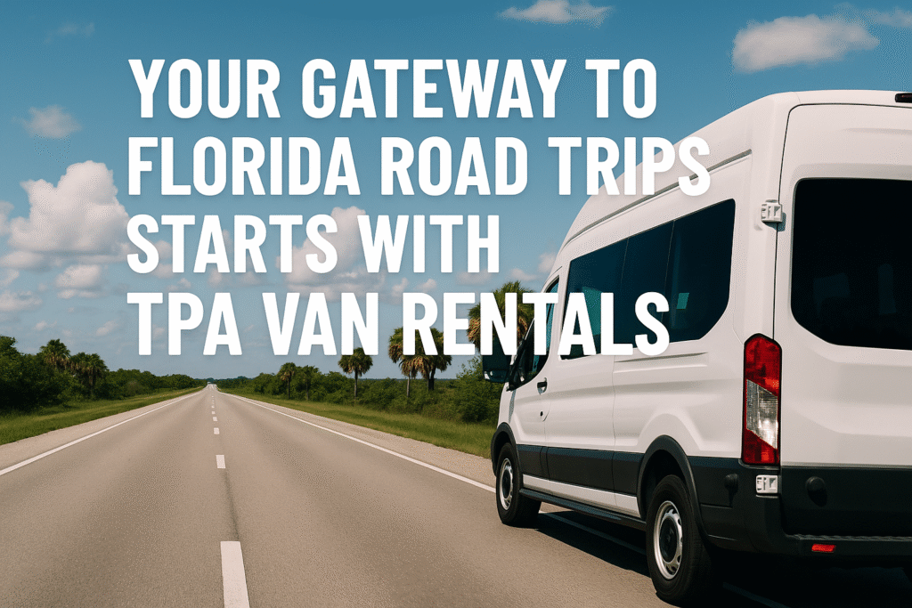 A 15-passenger van driving along a scenic Florida highway with palm trees, blue skies, and a sunset horizon, symbolizing group road trips from Tampa