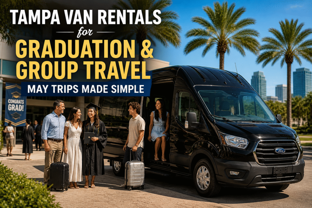 Ford Transit High Roof van outside a Florida graduation venue with families and graduates preparing for group travel.