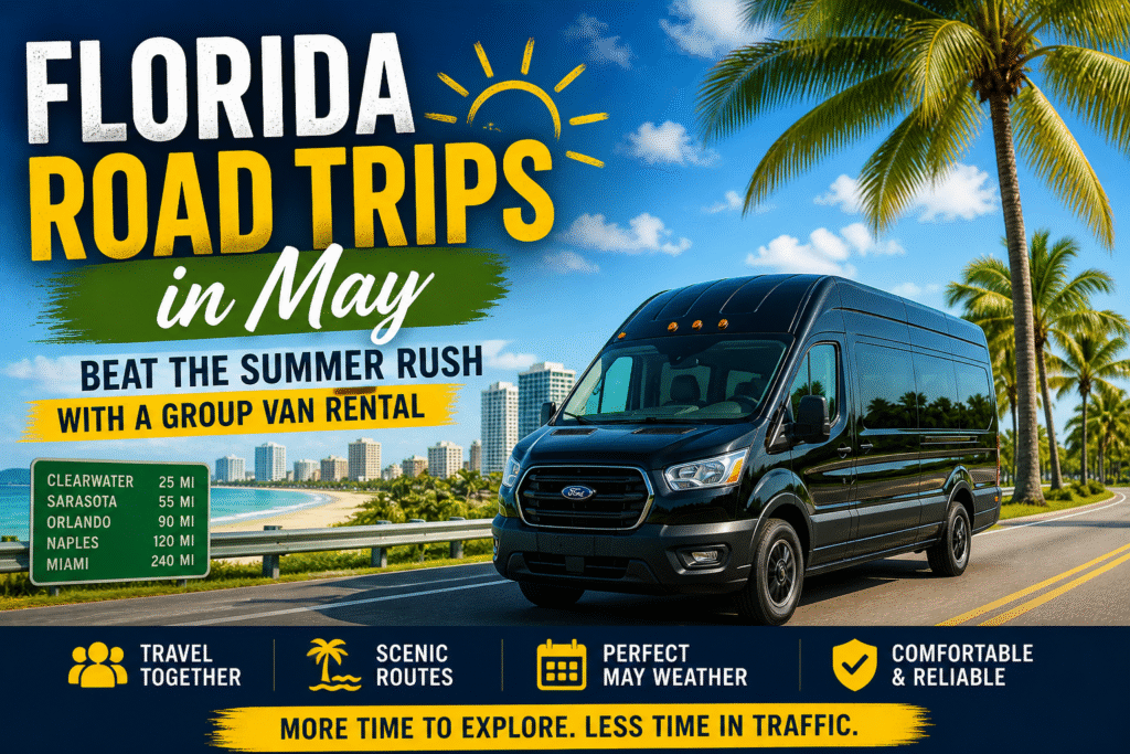 Black high-roof passenger van parked at a Florida coastal overlook with a group enjoying a scenic May road trip view