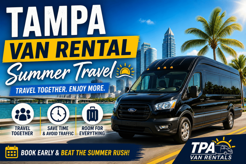 Group with luggage standing next to a black high-roof passenger van in Tampa during summer travel