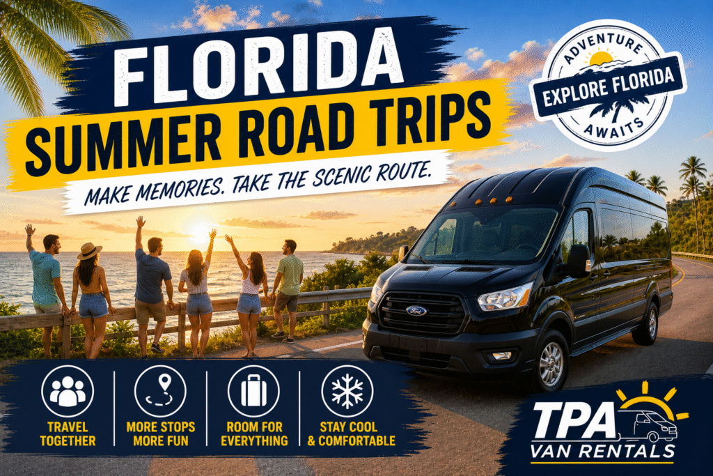Group of friends overlooking a Florida coastal sunset with a black high-roof passenger van parked nearby during a summer road trip