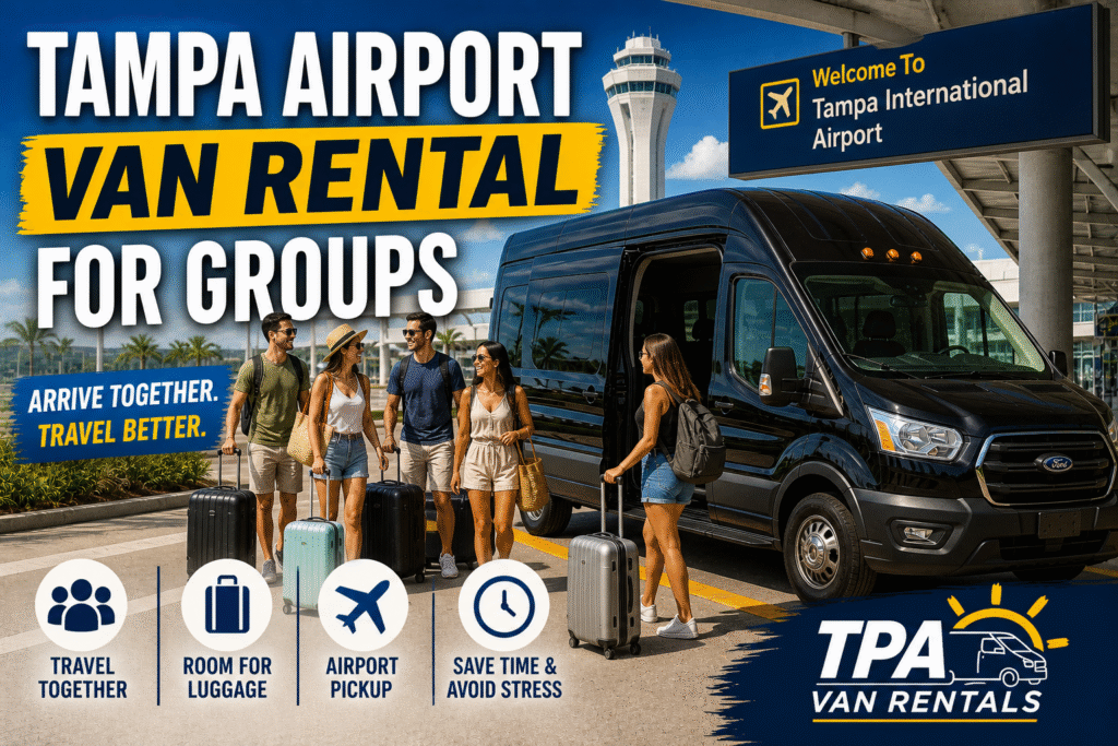 Group with luggage at Tampa International Airport next to a black high-roof passenger van for pickup