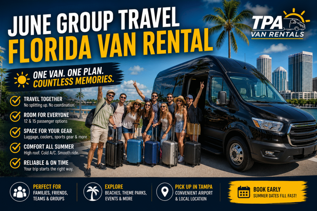 Group of travelers with luggage next to a black high-roof passenger van in Tampa during summer group trip